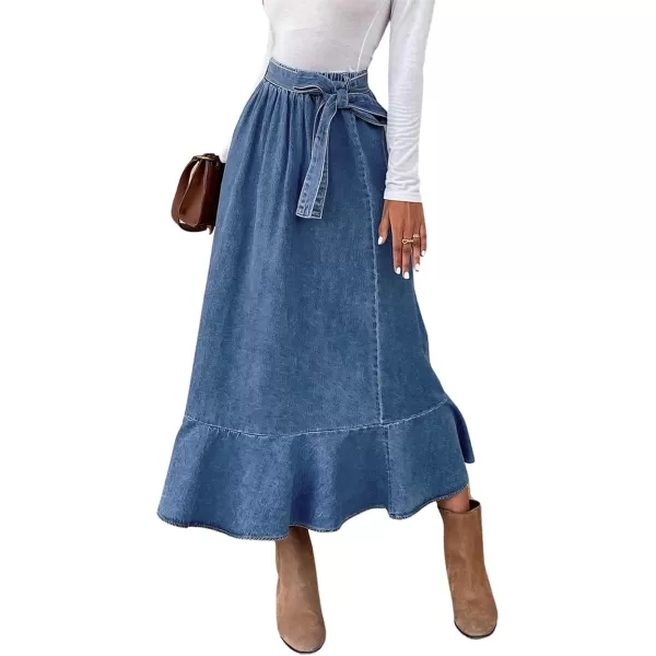 CHARTOU Women's High Elastic Waist Self-Tie Flowy Flared A-Line Pleated Denim Jean Long Skirt