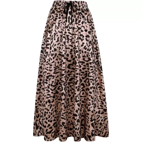 CHARTOU Women's High Waist String Velvet Leopard Ruffled A Line Maxi Long Swing Skirt