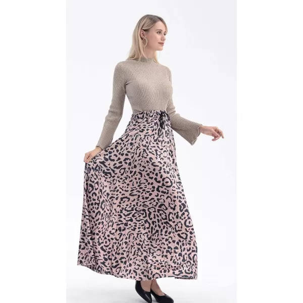 CHARTOU Women's High Waist String Velvet Leopard Ruffled A Line Maxi Long Swing Skirt