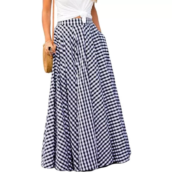 CHARTOU Women's Lightweight Elastic High Waist Plaid Ruffled Maxi Full Length Swing Skirt )