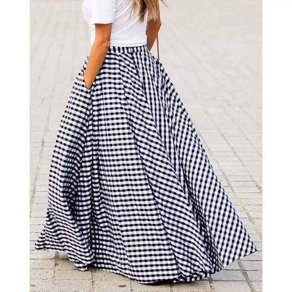 CHARTOU Women's Lightweight Elastic High Waist Plaid Ruffled Maxi Full Length Swing Skirt )