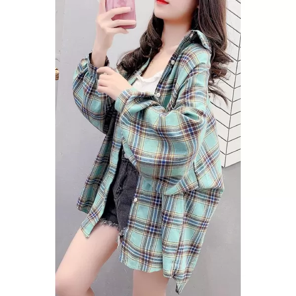 CHARTOU Women's Lightweight Loose Fit Lapel Collar Lantern Long Sleeve Plaid Shirt Tops
