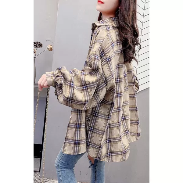 CHARTOU Women's Lightweight Loose Fit Lapel Collar Lantern Long Sleeve Plaid Shirt Tops