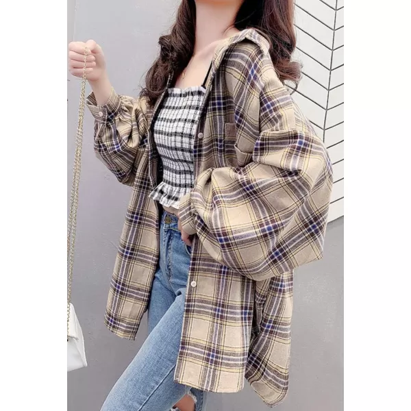 CHARTOU Women's Lightweight Loose Fit Lapel Collar Lantern Long Sleeve Plaid Shirt Tops