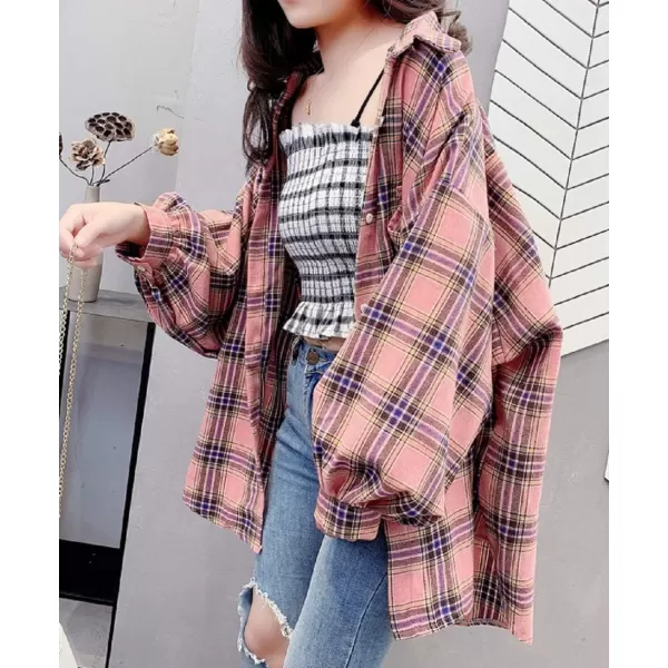 CHARTOU Women's Lightweight Loose Fit Lapel Collar Lantern Long Sleeve Plaid Shirt Tops