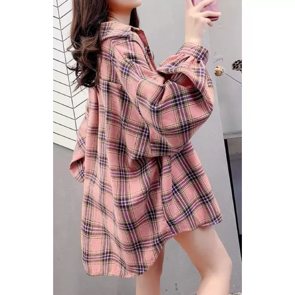 CHARTOU Women's Lightweight Loose Fit Lapel Collar Lantern Long Sleeve Plaid Shirt Tops