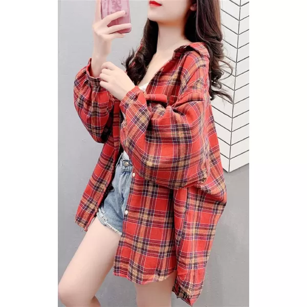 CHARTOU Women's Lightweight Loose Fit Lapel Collar Lantern Long Sleeve Plaid Shirt Tops