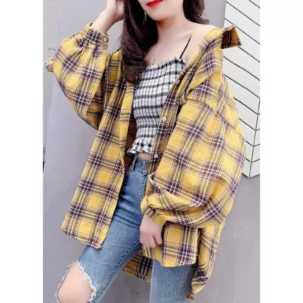 CHARTOU Women's Lightweight Loose Fit Lapel Collar Lantern Long Sleeve Plaid Shirt Tops