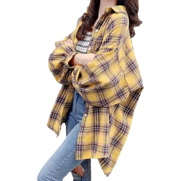 CHARTOU Women's Lightweight Loose Fit Lapel Collar Lantern Long Sleeve Plaid Shirt Tops