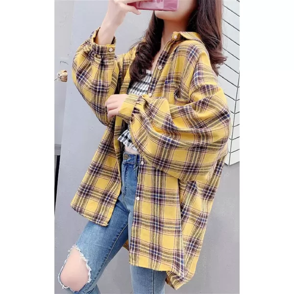 CHARTOU Women's Lightweight Loose Fit Lapel Collar Lantern Long Sleeve Plaid Shirt Tops