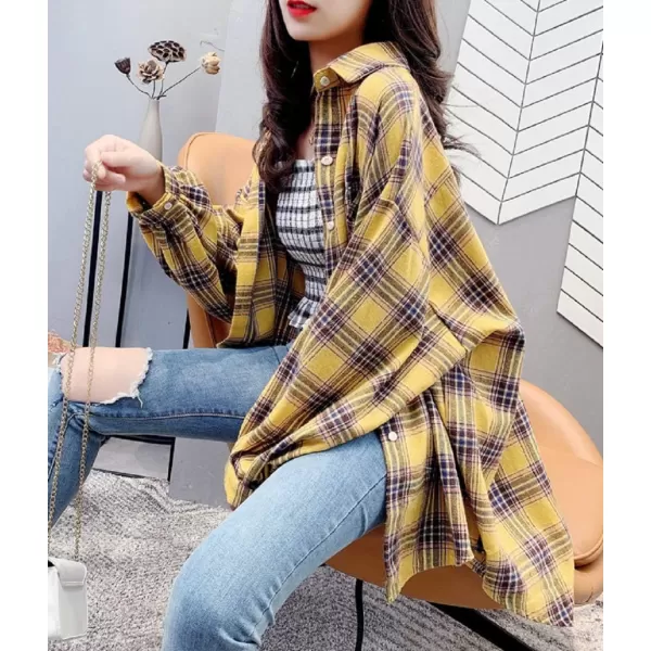 CHARTOU Women's Lightweight Loose Fit Lapel Collar Lantern Long Sleeve Plaid Shirt Tops