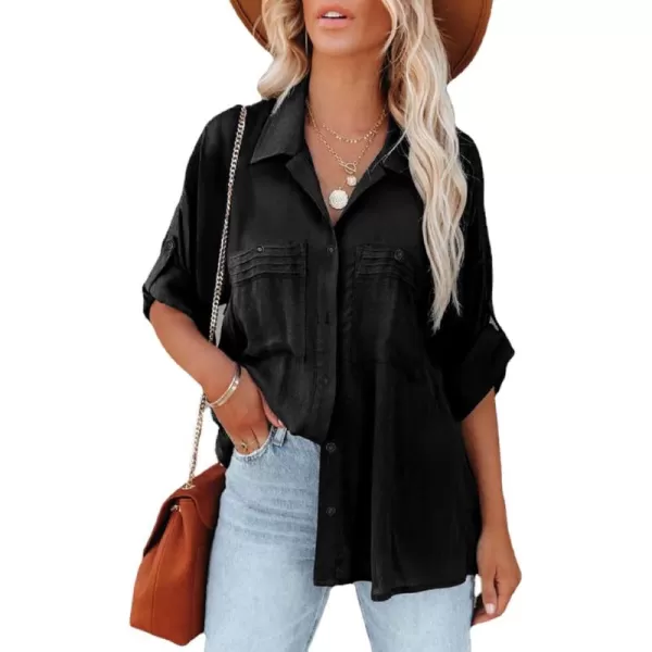 CHARTOU Women's Lightweight Spread Collar Long Sleeve Cuffed Loose Fit Blouse Shirt Tops