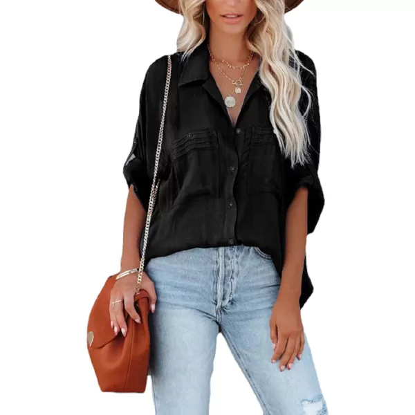 CHARTOU Women's Lightweight Spread Collar Long Sleeve Cuffed Loose Fit Blouse Shirt Tops