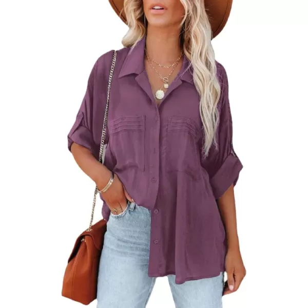 CHARTOU Women's Lightweight Spread Collar Long Sleeve Cuffed Loose Fit Blouse Shirt Tops
