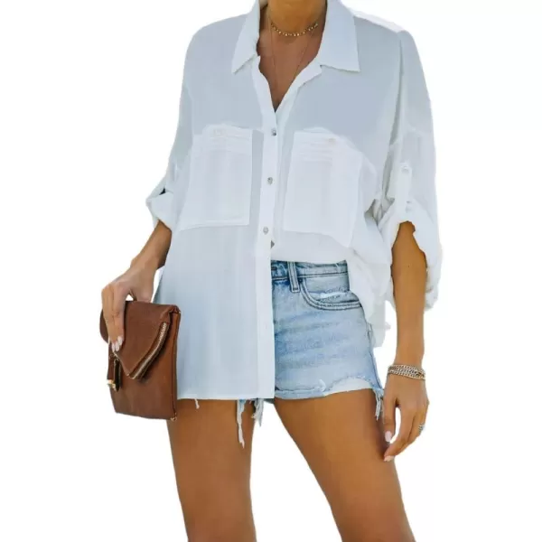 CHARTOU Women's Lightweight Spread Collar Long Sleeve Cuffed Loose Fit Blouse Shirt Tops
