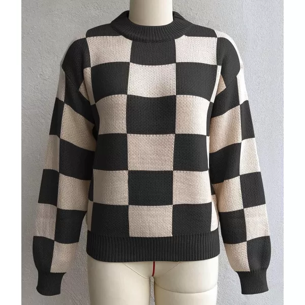 CHARTOU Women's Loose Crewneck Color Block Plaid Knit Sweater Knitwear Pullover Top