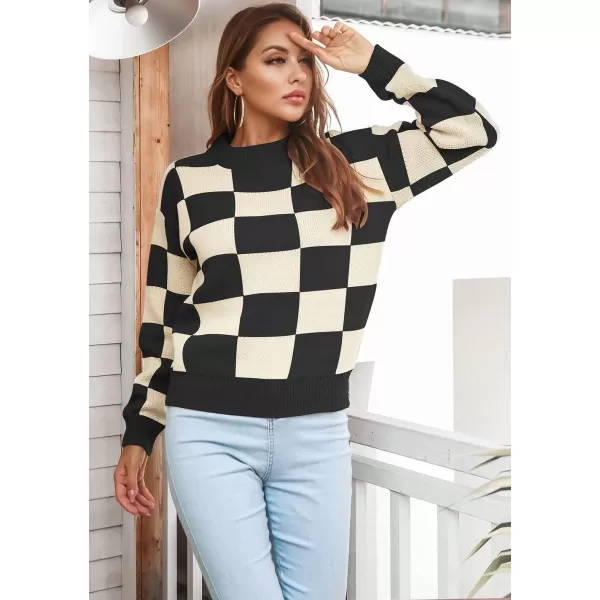 CHARTOU Women's Loose Crewneck Color Block Plaid Knit Sweater Knitwear Pullover Top