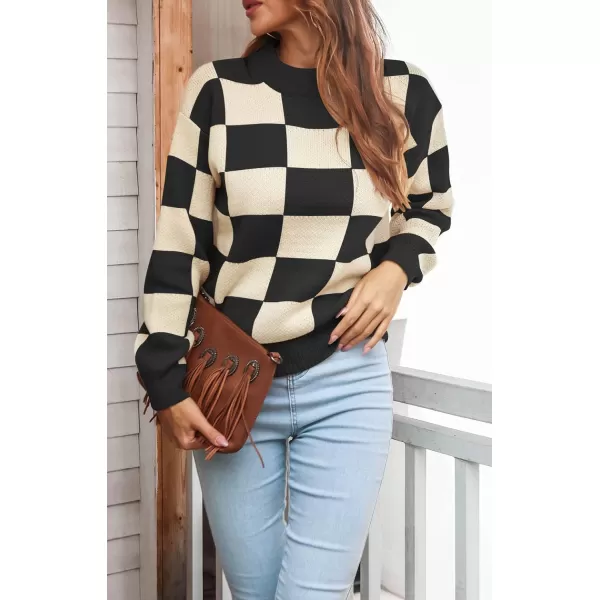 CHARTOU Women's Loose Crewneck Color Block Plaid Knit Sweater Knitwear Pullover Top