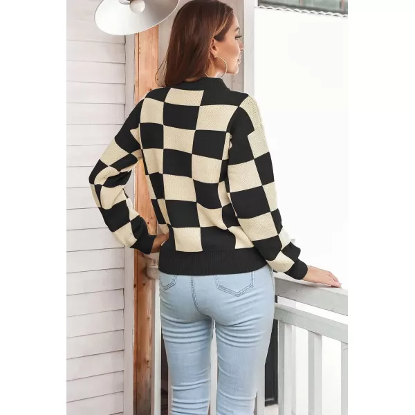 CHARTOU Women's Loose Crewneck Color Block Plaid Knit Sweater Knitwear Pullover Top