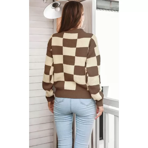 CHARTOU Women's Loose Crewneck Color Block Plaid Knit Sweater Knitwear Pullover Top