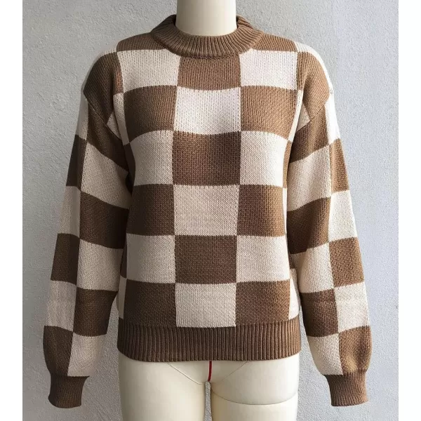 CHARTOU Women's Loose Crewneck Color Block Plaid Knit Sweater Knitwear Pullover Top