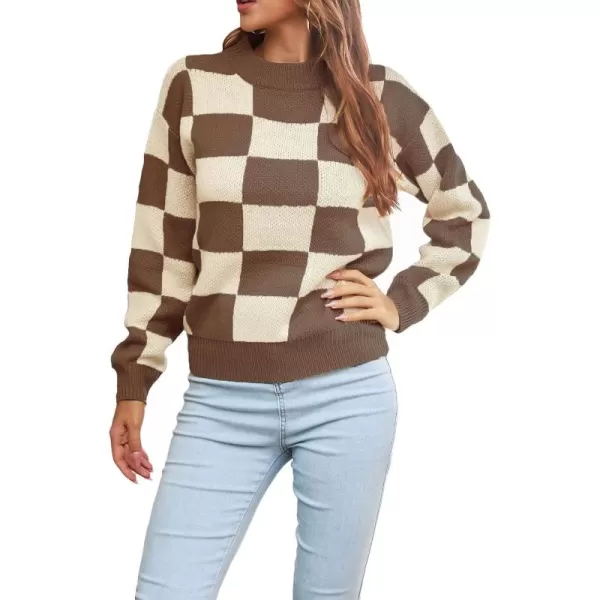 CHARTOU Women's Loose Crewneck Color Block Plaid Knit Sweater Knitwear Pullover Top