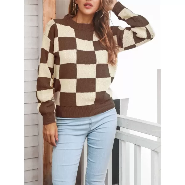 CHARTOU Women's Loose Crewneck Color Block Plaid Knit Sweater Knitwear Pullover Top