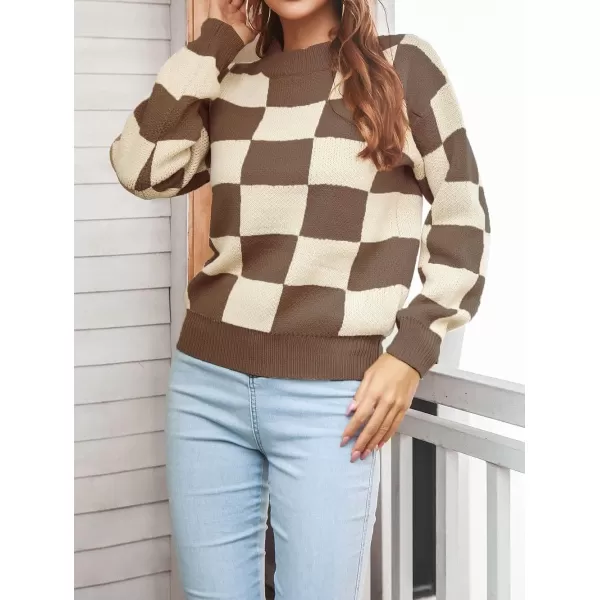 CHARTOU Women's Loose Crewneck Color Block Plaid Knit Sweater Knitwear Pullover Top