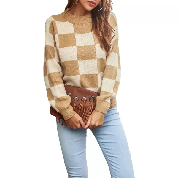 CHARTOU Women's Loose Crewneck Color Block Plaid Knit Sweater Knitwear Pullover Top