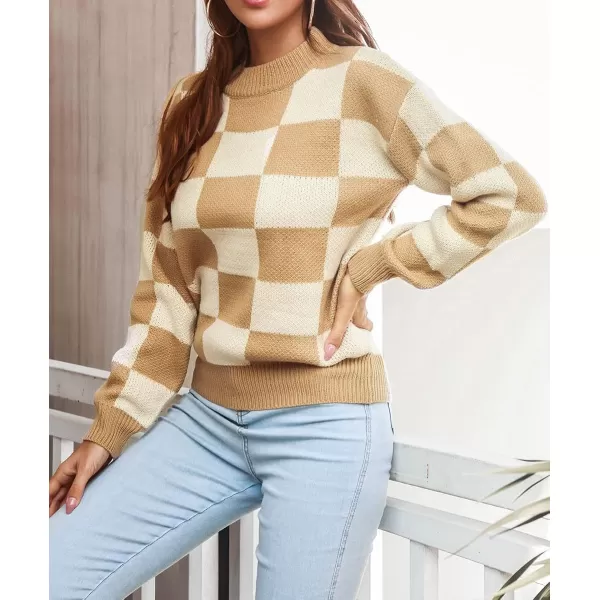 CHARTOU Women's Loose Crewneck Color Block Plaid Knit Sweater Knitwear Pullover Top