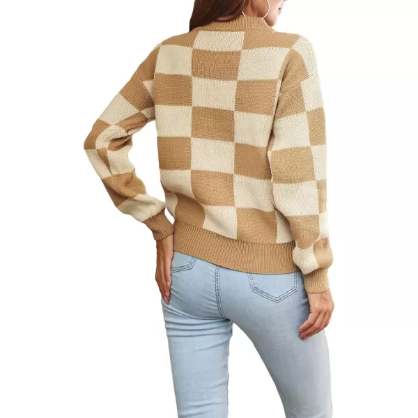 CHARTOU Women's Loose Crewneck Color Block Plaid Knit Sweater Knitwear Pullover Top