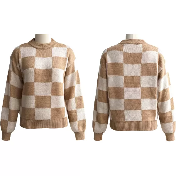 CHARTOU Women's Loose Crewneck Color Block Plaid Knit Sweater Knitwear Pullover Top