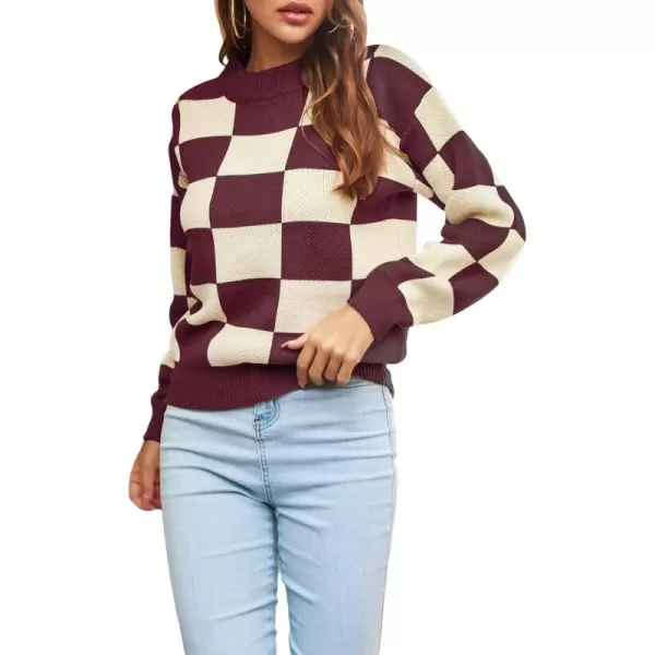 CHARTOU Women's Loose Crewneck Color Block Plaid Knit Sweater Knitwear Pullover Top