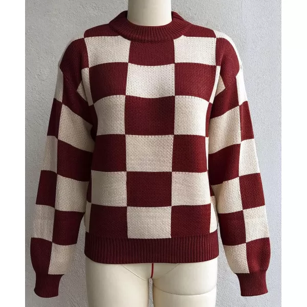CHARTOU Women's Loose Crewneck Color Block Plaid Knit Sweater Knitwear Pullover Top