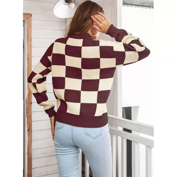 CHARTOU Women's Loose Crewneck Color Block Plaid Knit Sweater Knitwear Pullover Top
