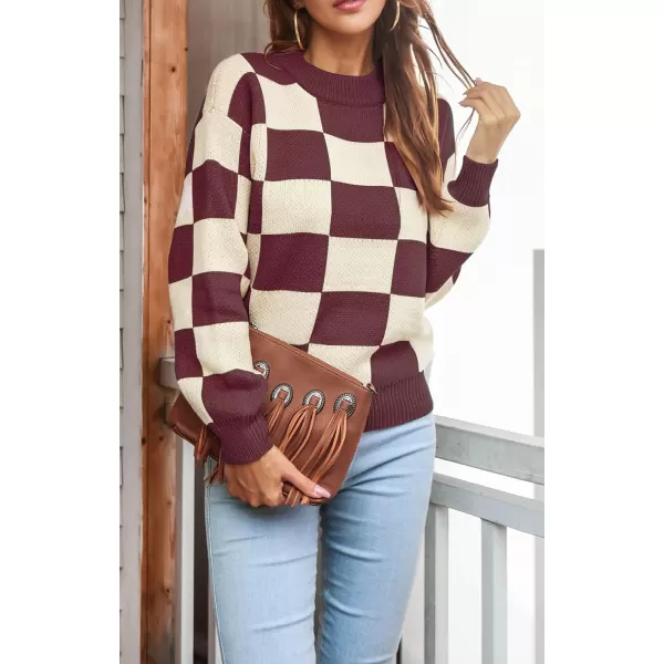 CHARTOU Women's Loose Crewneck Color Block Plaid Knit Sweater Knitwear Pullover Top