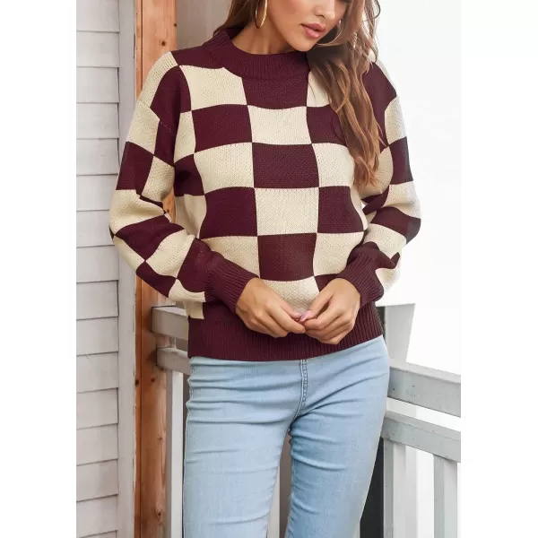CHARTOU Women's Loose Crewneck Color Block Plaid Knit Sweater Knitwear Pullover Top