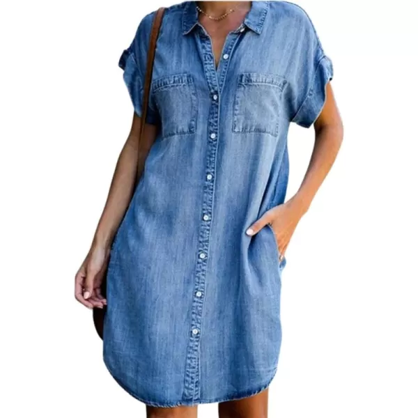 CHARTOU Women's Loose Distressed Button Down Roll Up Short Sleeve Denim Blouse Shirt Dress