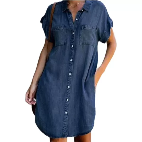 CHARTOU Women's Loose Distressed Button Down Roll Up Short Sleeve Denim Blouse Shirt Dress