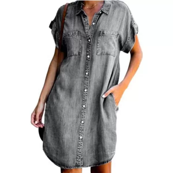 CHARTOU Women's Loose Distressed Button Down Roll Up Short Sleeve Denim Blouse Shirt Dress