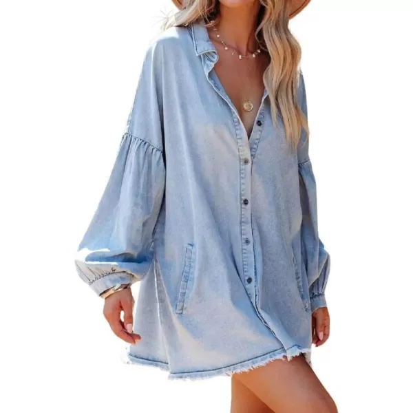 CHARTOU Women's Loose Fit Spread Collar Lantern Sleeve Frayed Denim Blouse Dress