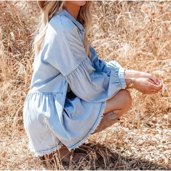 CHARTOU Women's Loose Fit Spread Collar Lantern Sleeve Frayed Denim Blouse Dress