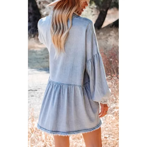 CHARTOU Women's Loose Fit Spread Collar Lantern Sleeve Frayed Denim Blouse Dress