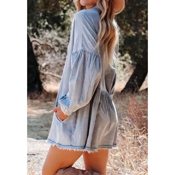 CHARTOU Women's Loose Fit Spread Collar Lantern Sleeve Frayed Denim Blouse Dress