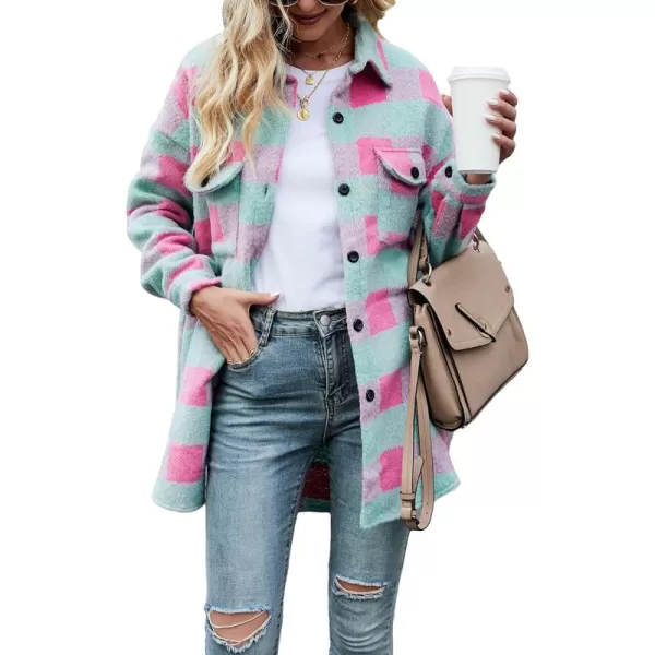 CHARTOU Women's Loose Fit Thick Wool Blend Plaid Mid Long Button Down Shirt Shacket