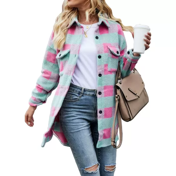 CHARTOU Women's Loose Fit Thick Wool Blend Plaid Mid Long Button Down Shirt Shacket