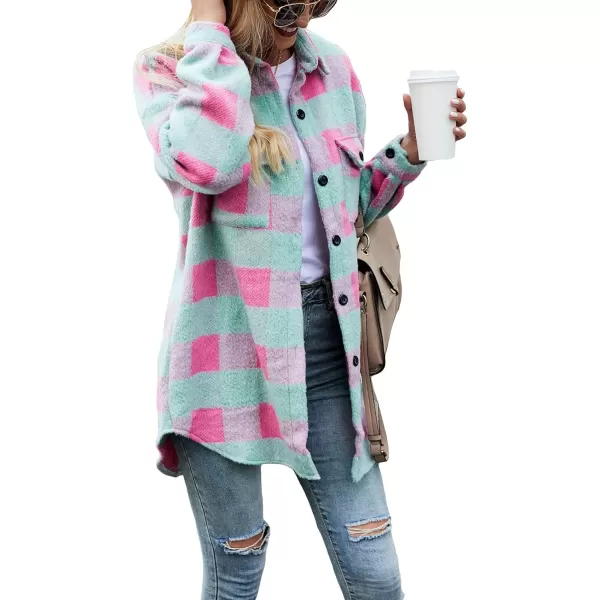 CHARTOU Women's Loose Fit Thick Wool Blend Plaid Mid Long Button Down Shirt Shacket