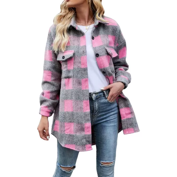 CHARTOU Women's Loose Fit Thick Wool Blend Plaid Mid Long Button Down Shirt Shacket