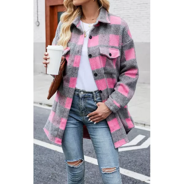 CHARTOU Women's Loose Fit Thick Wool Blend Plaid Mid Long Button Down Shirt Shacket