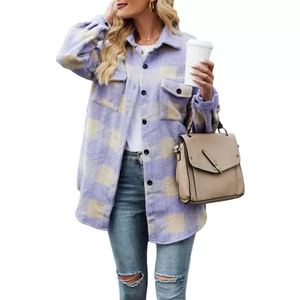 CHARTOU Women's Loose Fit Thick Wool Blend Plaid Mid Long Button Down Shirt Shacket